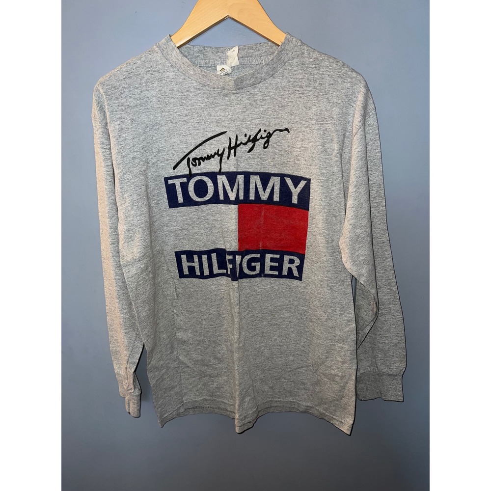 Vintage Tommy Hilfiger Long Sleeve T-Shirt Gray Logo Graphic Mens Medium 90s